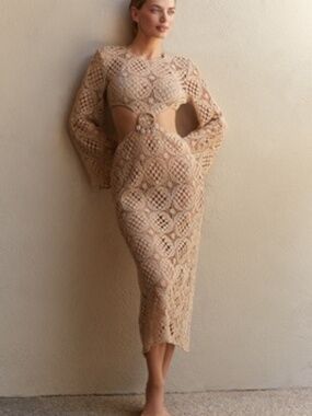 Anthropologie BLITHE Cutout Crochet Maxi Dress in Cream-NEW Medium